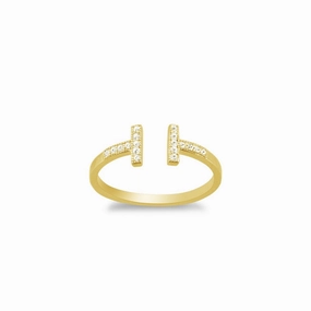 Sterling Silver Gold Plated CZ Double T Ring - W-1319