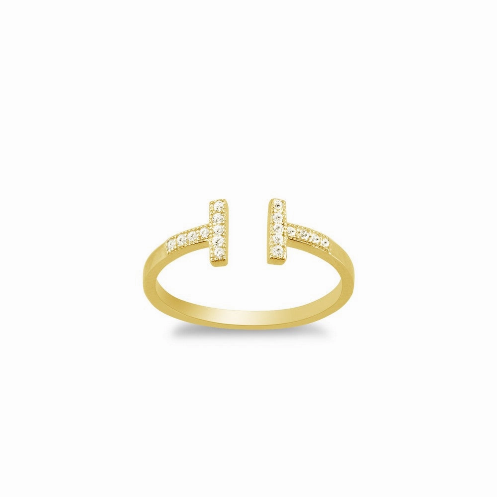 Sterling Silver Gold Plated CZ Double T Ring - W-1319