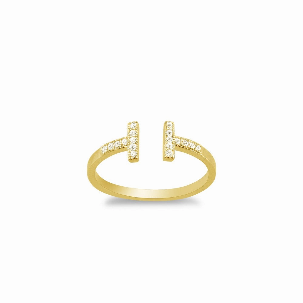 Sterling Silver Gold Plated CZ Double T Ring - W-1319
