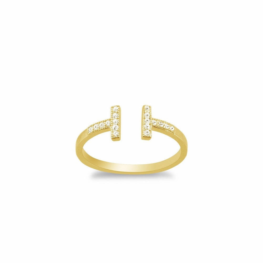 Sterling Silver Gold Plated CZ Double T Ring - W-1319