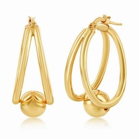 Sterling Silver Gold Plated Double Oval with 8mm Bead Earrings