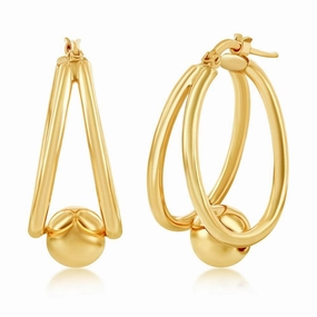Sterling Silver Gold Plated Double Oval with 8mm Bead Earrings