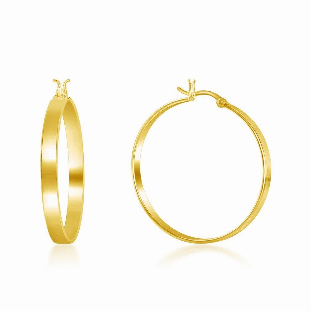 Sterling Silver Gold Plated Flat Hoop Earrings, 4 x 30 mm