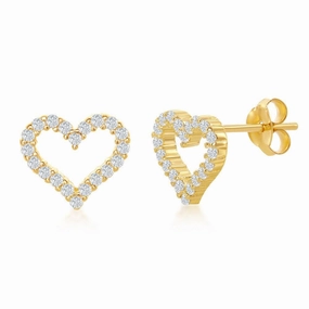 Sterling Silver Gold Plated Open Heart CZ Stud Earrings