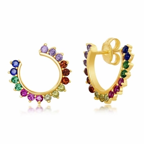 Sterling Silver Gold Plated Open Hoop Rainbow CZ Stud Earrings