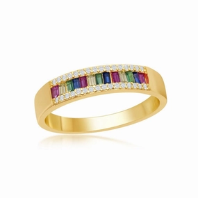 Sterling Silver GP Baguette Rainbow and White CZ Ring, Size 8