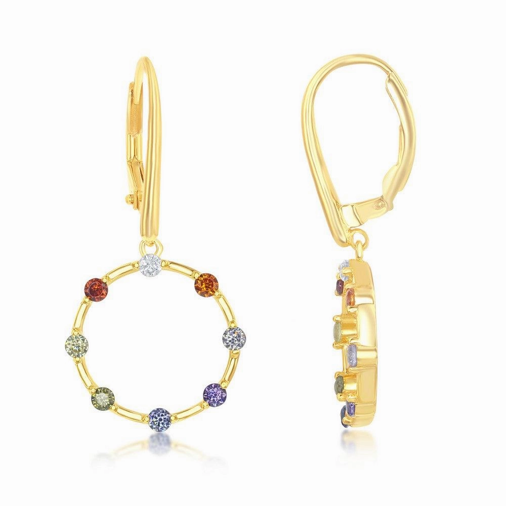 Sterling Silver GP Rainbow CZ Open Circle Dangle Earrings