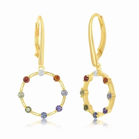 Sterling Silver GP Rainbow CZ Open Circle Dangle Earrings