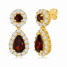Sterling Silver GP Round and Teardrop Garnet Center Earrings