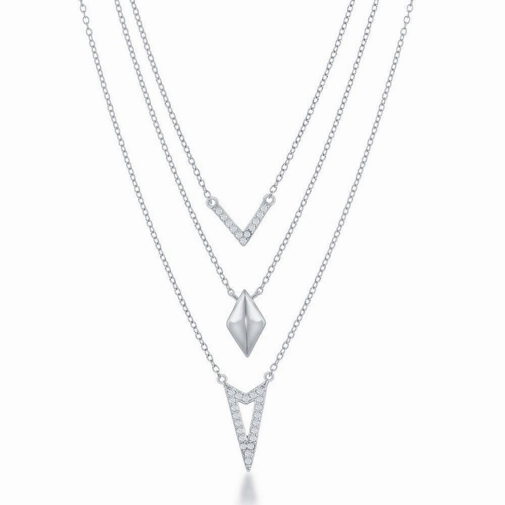 Sterling Silver Graduating Triple Chain with CZ Necklace