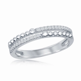 Sterling Silver Half Beaded and CZ Double Band Ring - W-2111
