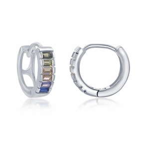 Sterling Silver  Half Center Channel Set Rainbow CZ Hoop Earrings