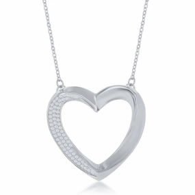 Sterling Silver Half Micro Pave Twisted Open Heart Necklace