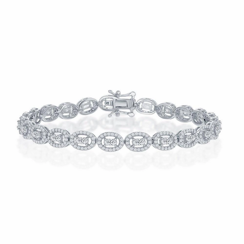 Sterling Silver Halo CZ Oval Linked Bracelet, 7.5"