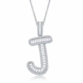 Sterling Silver J Initial Baguette CZ Pendant Chain