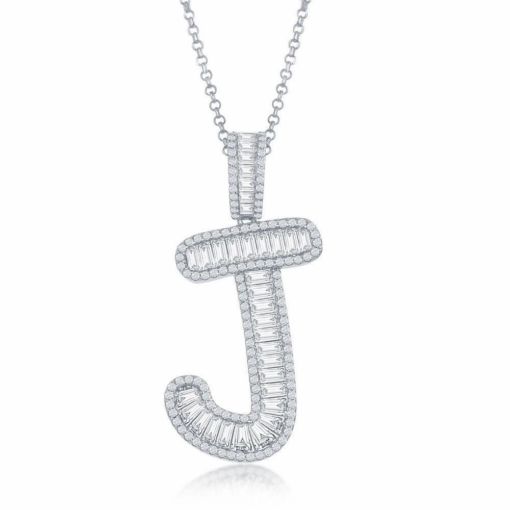 Sterling Silver J Initial Baguette CZ Pendant Chain