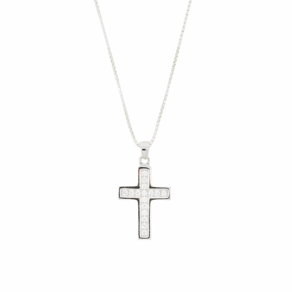 Sterling Silver Ladies CZ Cross Pendant & Chain