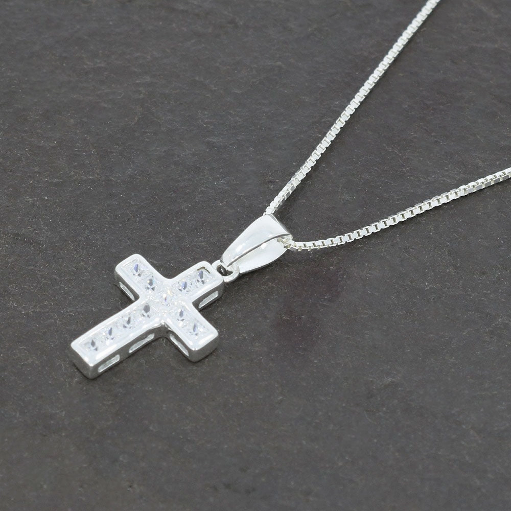 Sterling Silver Ladies CZ Cross Pendant & Chain