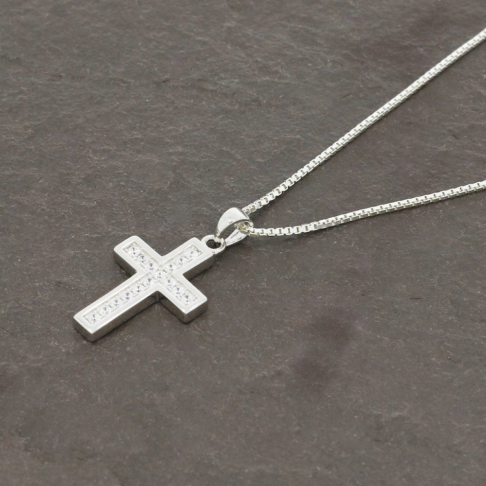 Sterling Silver Ladies CZ Cross Pendant & Chain
