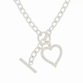 Sterling Silver Ladies T-Bar and Crystal Set Heart Link Necklace