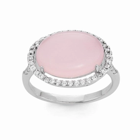 Sterling Silver Large Rose Quartz Oval with CZ Ring, Size 8