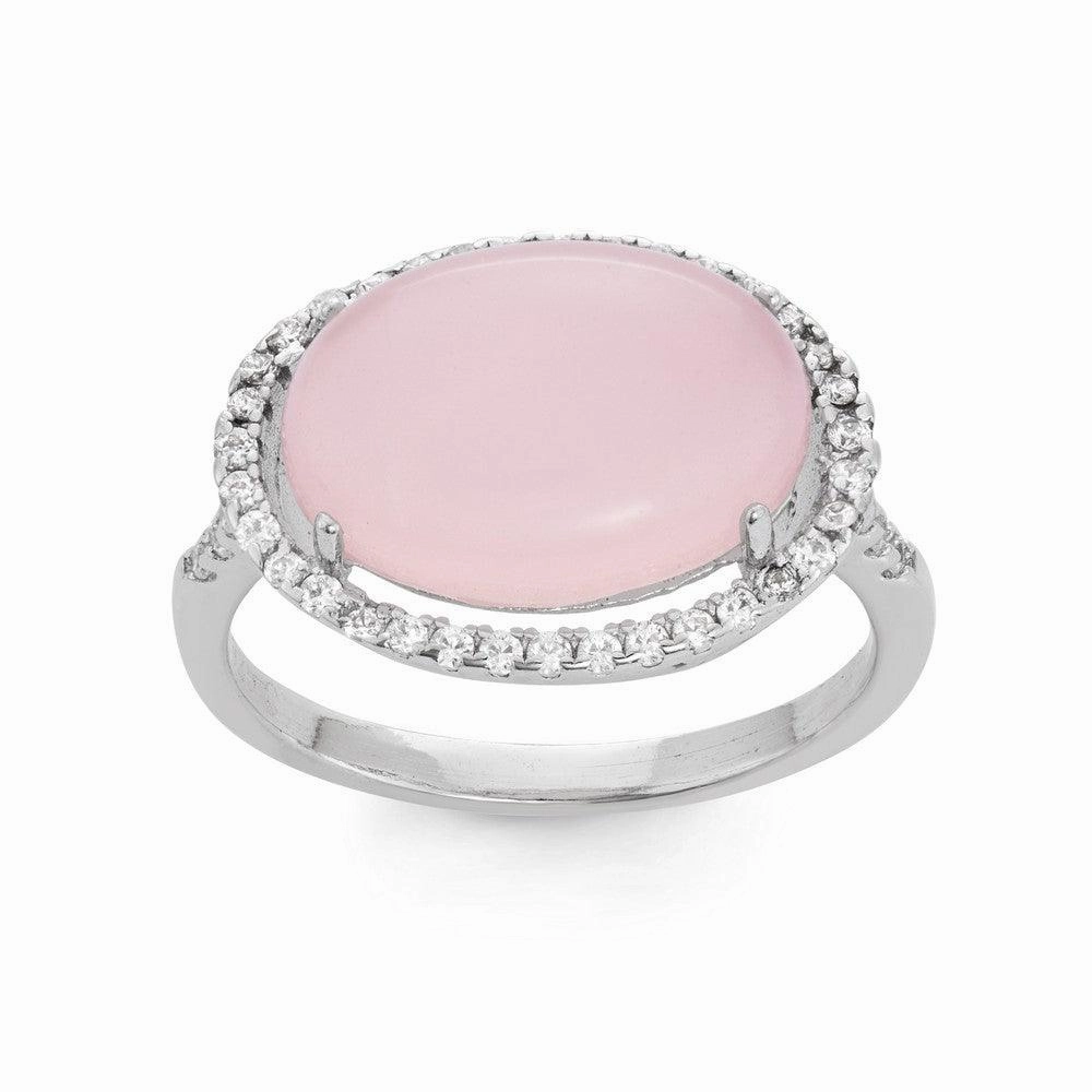 Sterling Silver Large Rose Quartz Oval with CZ Ring, Size 8