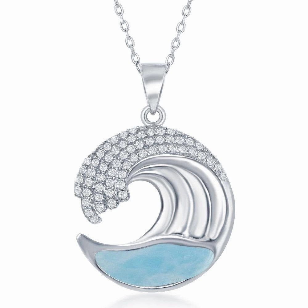 Sterling Silver Larimar Wave Design with CZ Pendant