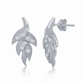 Sterling Silver Leaf Diamond Sanded Stud Earrings