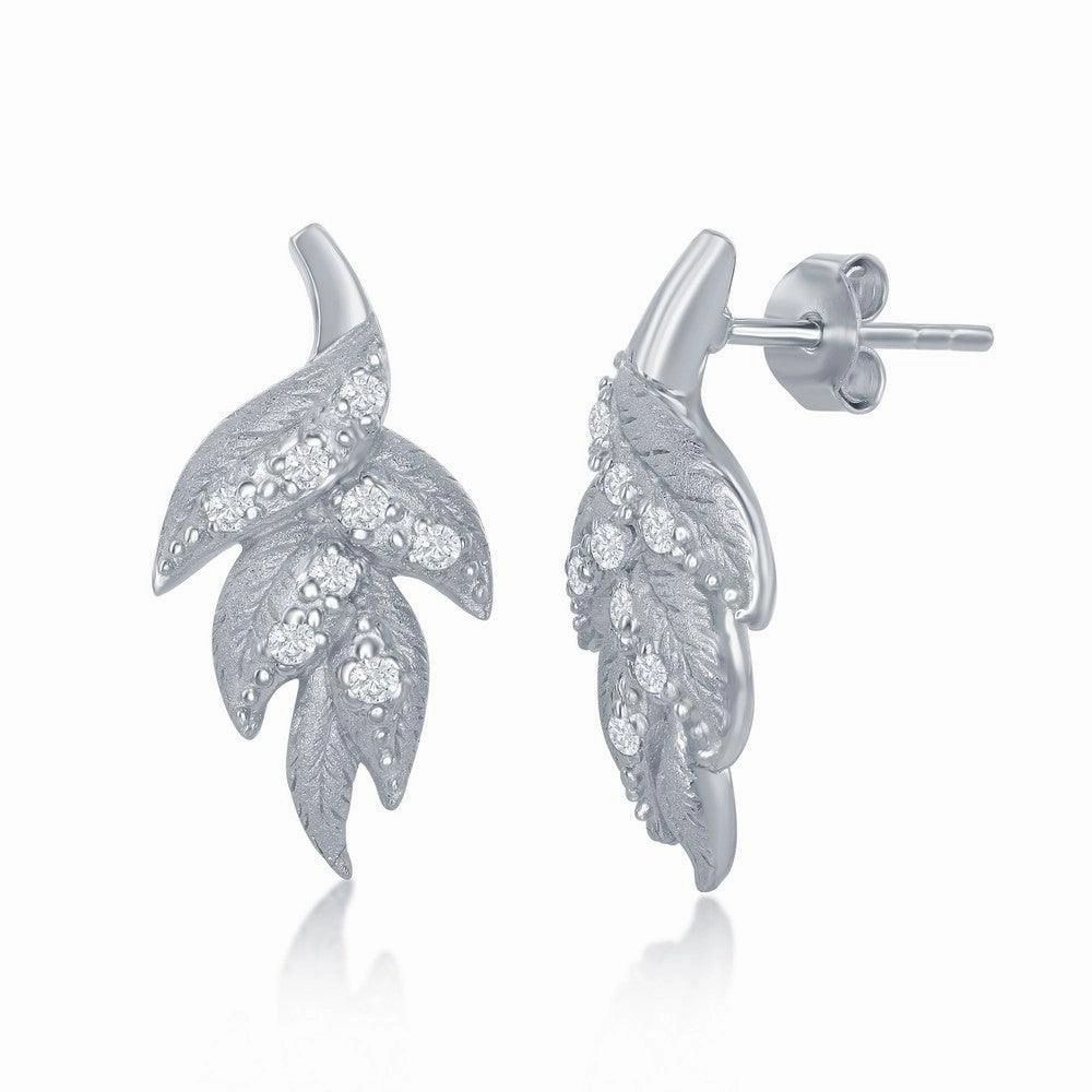 Sterling Silver Leaf Diamond Sanded Stud Earrings