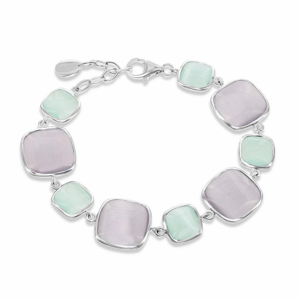Sterling Silver Light Green and Grey Square Cat's Eye Bracelet