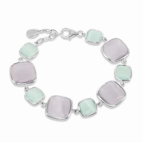 Sterling Silver Light Green and Grey Square Cat's Eye Bracelet