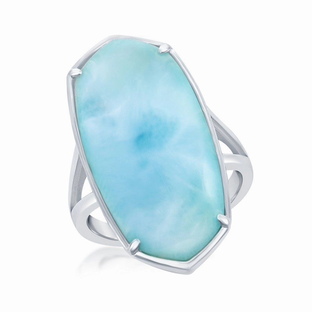 Sterling Silver Long Hexagon Larimar Ring, Size 9