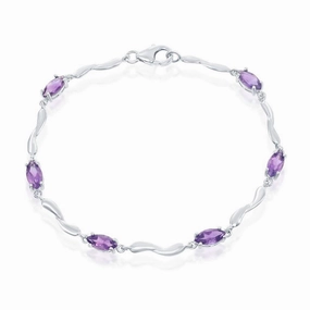Sterling Silver Marquise Shaped Amethyst Gemstone Bracelet, 7.25"