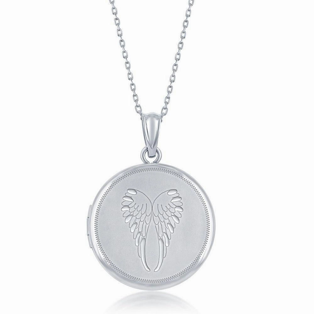 Sterling Silver Matte Angel Wings Round Locket With chain