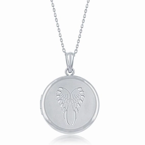 Sterling Silver Matte Angel Wings Round Locket With chain