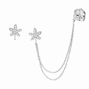 Sterling Silver Micro Pave Cuff Leaf Stud Earrings
