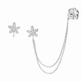 Sterling Silver Micro Pave Cuff Leaf Stud Earrings