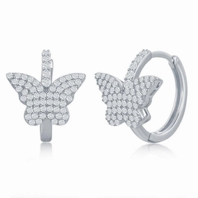 Sterling Silver Micro Pave CZ Butterfly Huggie Hoop Earrings