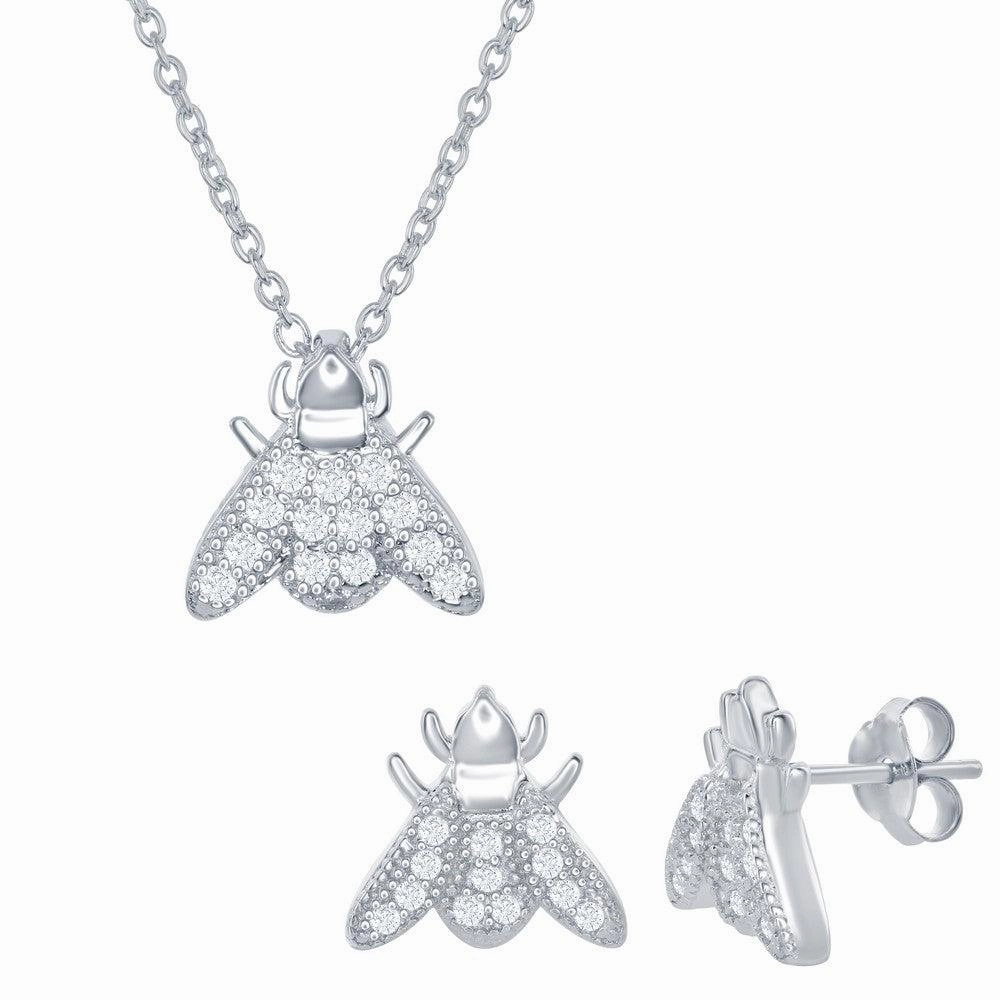 Sterling Silver Micro Pave Sliding Fly Necklace and Earrings Set