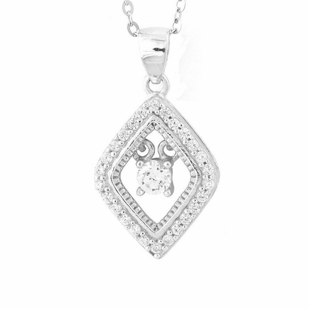 Sterling Silver Micro Pave with Center Dancing-Shimmering CZ Diamond Shaped Pendant With Chain