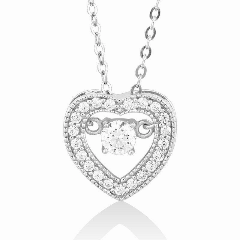Sterling Silver Micro Pave with Center Dancing-Shimmering CZ Heart Pendant With Chain