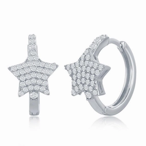 Sterling Silver Mircro Pave CZ Star Huggie Hoop Earrings
