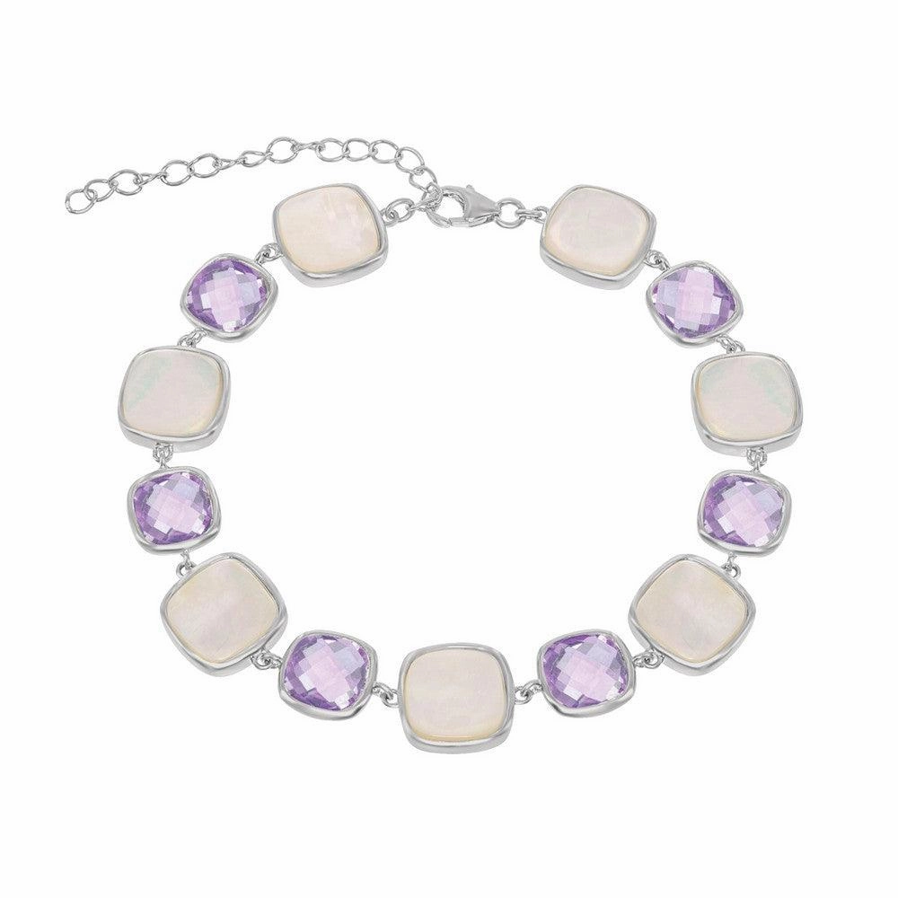 Sterling Silver MOP and Amethyst Square Bracelet, 7.25"
