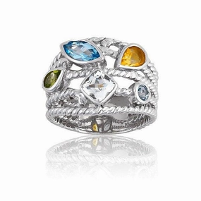 Sterling Silver Multi-Shaped Gemstone 5-Strand Ring, Size 6