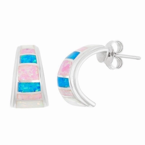 Sterling Silver Multicolor Opal Half Hoop Earrings