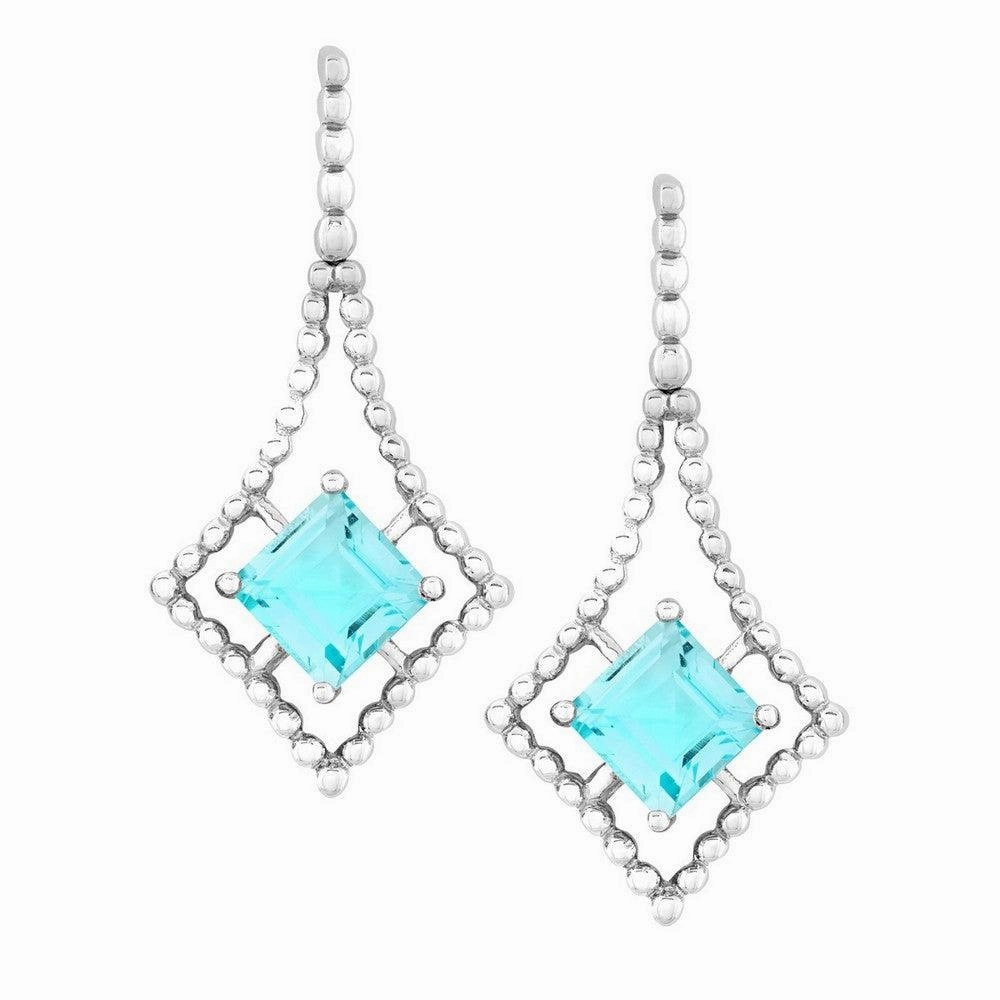 Sterling Silver Open Beaded Square with Center Square Blue Topaz Earrings