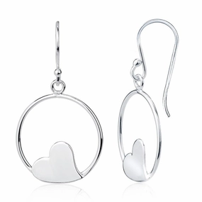 Sterling Silver Open Circle with Flat Center Heart Earrings