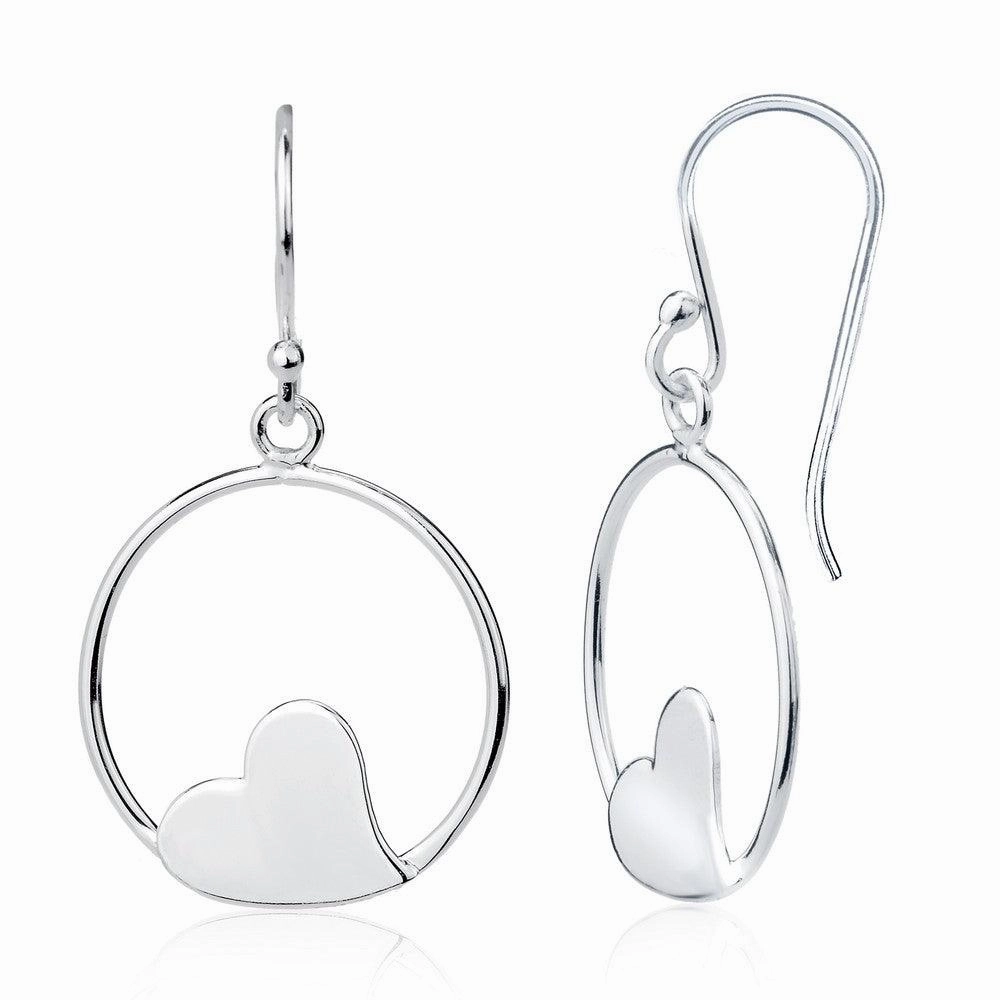 Sterling Silver Open Circle with Flat Center Heart Earrings