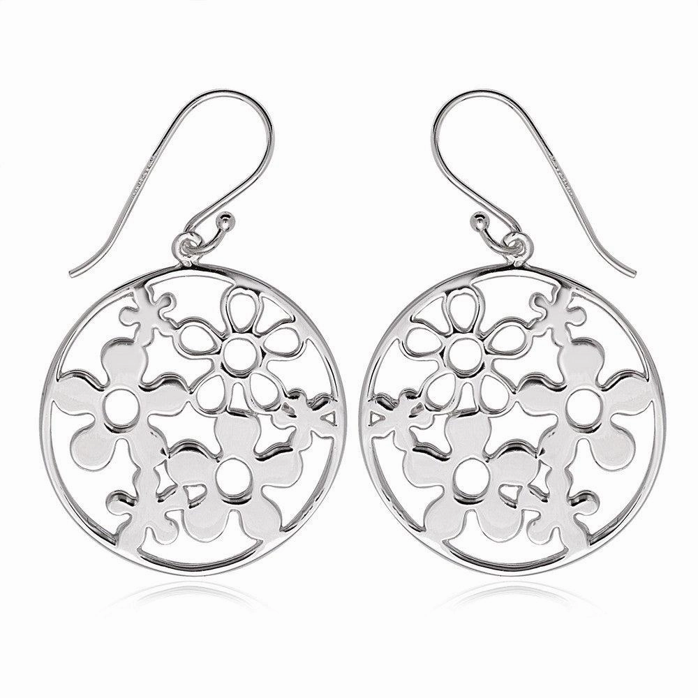 Sterling Silver Open Circle with Multiple Flowers Earrings