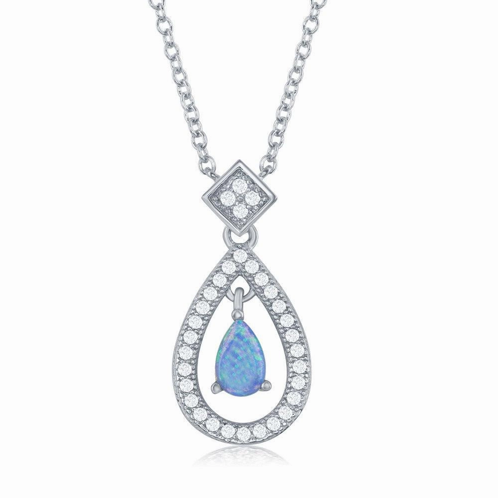 Sterling Silver Open CZ Border and Center Opal Teardrop Necklace